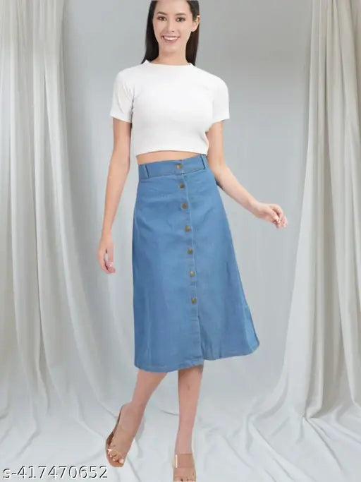 Denim mini skirt, western style flared for women, plain design - India