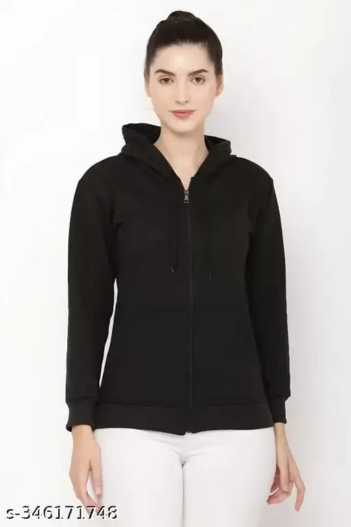 Fleece women's solid sweatshirt with hood, zip closure, and long sleeves, S-XL, made in India