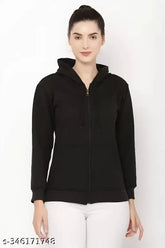 Fleece women's solid sweatshirt with hood, zip closure, and long sleeves, S-XL, made in India