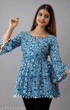 Blue viscose rayon three-quarter sleeve winter top, printed design - Indian fashion apparel