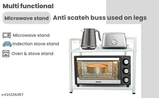 White 2-tier microwave stand with 10 hooks, ideal for OTG and oven, space-saving design, Made in India