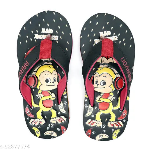 Black EVA sole, rexine slippers with printed net pattern for kids' casual wear, perfect fit and comfortable