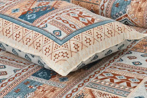 High-quality cotton Nakshatra theme double bed sheet, 108x108 with 2 ethnic motif pillow covers - Indian made for adults