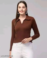Cotton blend long-sleeve V-neck top for women, solid color in sizes S, M, L, XL (India)
