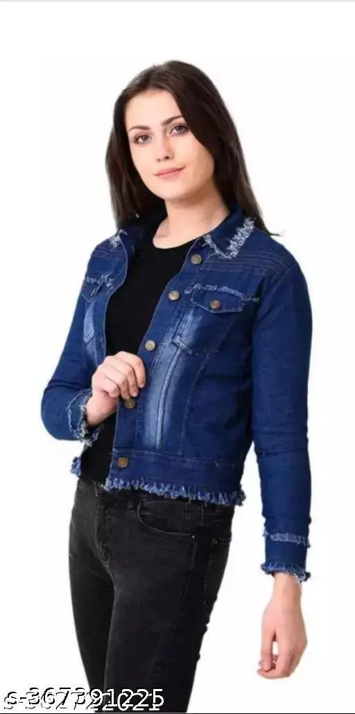 Denim dark strip jacket, dyed/washed by MK Collection for women's latest winter wear, long sleeves, blue style, size 12-16 years available