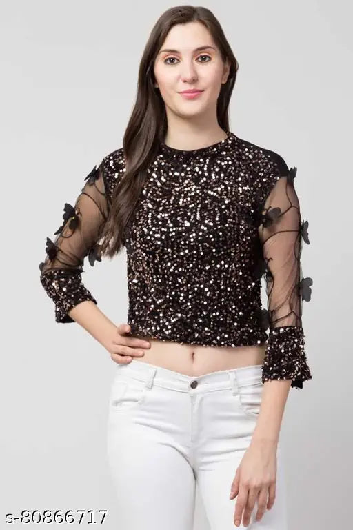 Brown cotton blend embellished sequins casual top with three-quarter sleeves, India origin