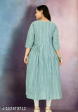 Striped cotton blend three-quarter sleeve kurtis, available in various sizes from XS to 7XL. Made in India