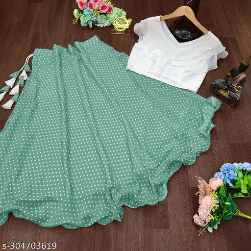 Lycra white top with Georgette skirt for women's partywear, printed net pattern, size L from Krishang International