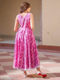 Pink floral printed cotton Anarkali Dupatta set for women's fashion, sleeveless and mulmul fabric