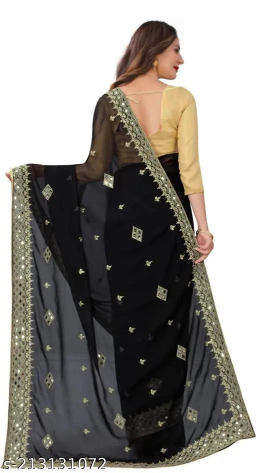 Black Georgette HEVY KAJUKATRI saree with separate art silk blouse, embellished Indian saree in free size
