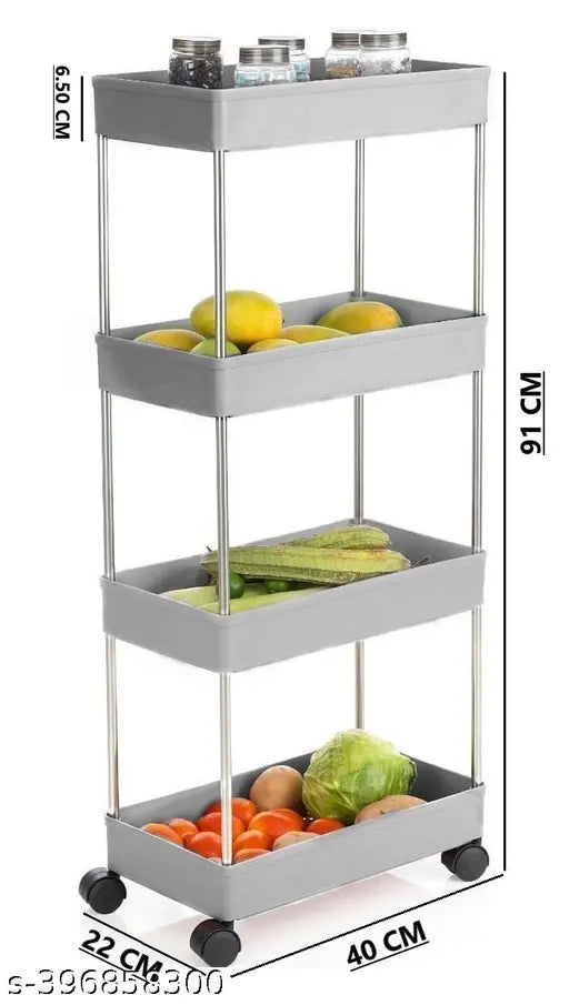 Grey plastic vegetable kitchen trolley with 4 shelves, ideal for organizing produce in the kitchen