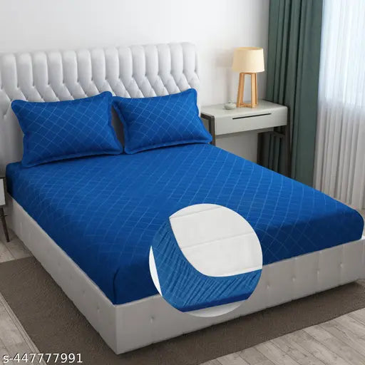 Blue striped cotton fitted microfiber double bedsheet set with 2 pillow covers, ideal for heavy mattresses, elastic trim for perfect fit
