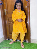 Cotton Bandhni Dhoti Peplum Set with A-line Kurta & Printed Dupatta, Indian traditional baby clothing