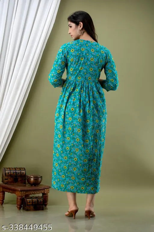 Aqua Blue Floral A-Line Maternity Gown, pure cotton with three-quarter sleeves