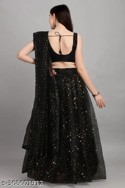 Black and satin semi-stitched net Lehenga Choli with embroidered blouse, perfect for weddings or festive occasions