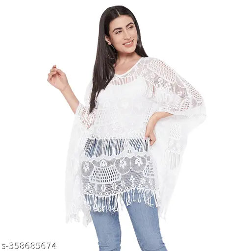 White cotton lace kaftan top with three-quarter sleeves, printed net pattern. Women's fashion, Indian craftsmanship
