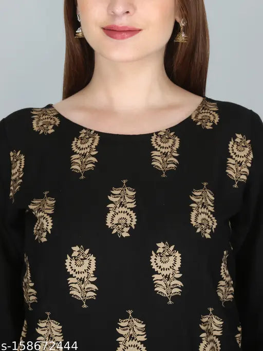 Rayon straight black festive gold Gharara Kurta Dupatta Set - India, rayon fabric, printed set with three-quarter sleeves