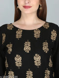 Rayon straight black festive gold Gharara Kurta Dupatta Set - India, rayon fabric, printed set with three-quarter sleeves