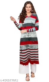 Woolen red striped kurti, long-sleeved woolen top from India