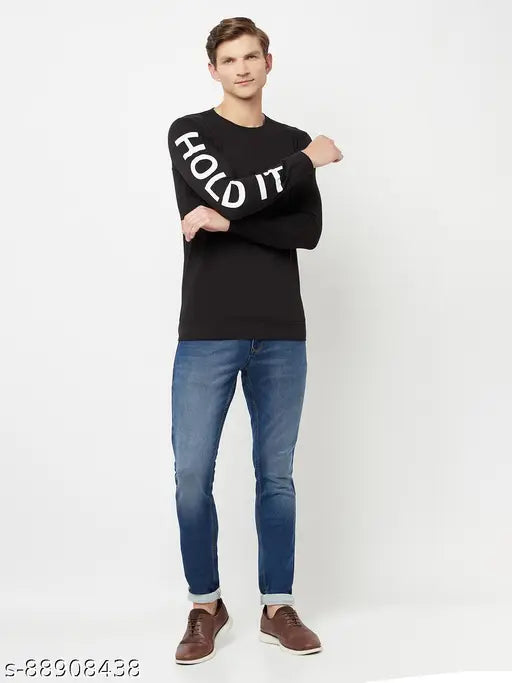 Black men's full sleeve, solid round neck Cotton Blend T-shirt by HOLDIT - premium quality, comfortable wear