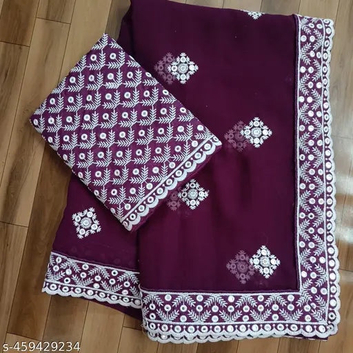 Purple Georgette embroidered saree with separate blouse, Indian Bollywood party wear for women