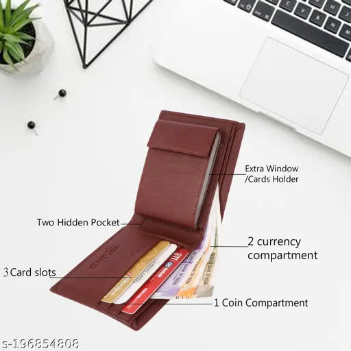 Brown faux leather BI Men's minimalist wallet with 10 card slots, solid pattern, free size (11cm x 9cm). Perfect gift for men. Comfortable, secure, and trendy design