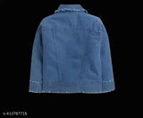 Trendy Korean style denim jacket for kids girls, dyed/washed, long sleeves. Add a touch of trendiness to your child's wardrobe with this quality-made denim jacket, perfect for ages 10-16 years