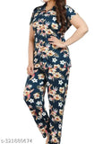 Navyblue DSIYA-LYCRA women's pyjama co-ord set - printed satin nightdress set with short sleeves
