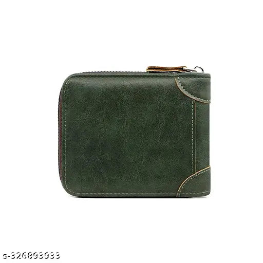 Green leather bifold men's wallet with RFID blocking, 2 pockets & 5 card slots for boys, gents, and male users