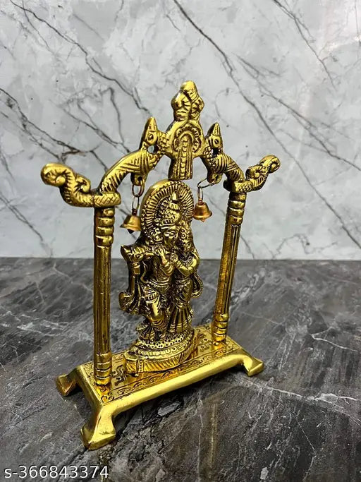Gold plated Radha Krishna idol sculpture statue decorative showpiece for home, spiritual lucky gift. 7cm L x 20cm H x 14cm B, handcrafted in India. Ideal for Janmashtami temple and gift decoration