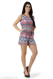 Navyblue star-Red crepe sleeveless knee-length jumpsuit for women and girls, featuring printed net pattern, zip closure, side pockets, and tie-up belt - ideal for summer fashion