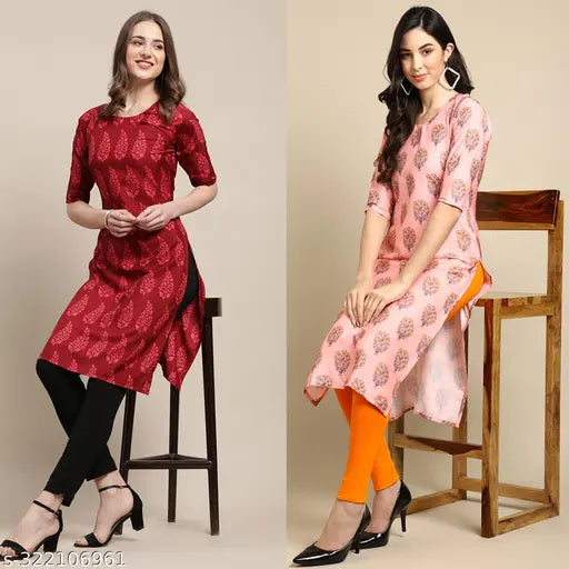 Printed combo of 2 short-sleeve crepe kurtis, S, M, L, XL, XXL, Indian handloom fashion for women