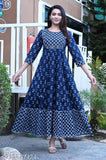 Blue Rayon Anarkali Kurti with printed combo, three-quarter sleeves, machine washable, size M-XXL, party/traditional/casual dress