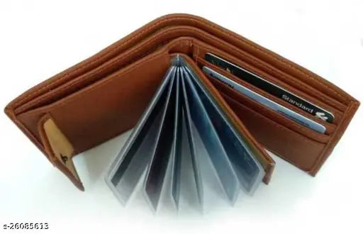 Brown canvas & leather trendy men's wallet with 2 compartments, free size (12cm x 10cm), chic bi-fold design by True Style