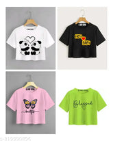 Printed cotton blend women's crop top 4-piece combo, versatile wardrobe basics for everyday wear