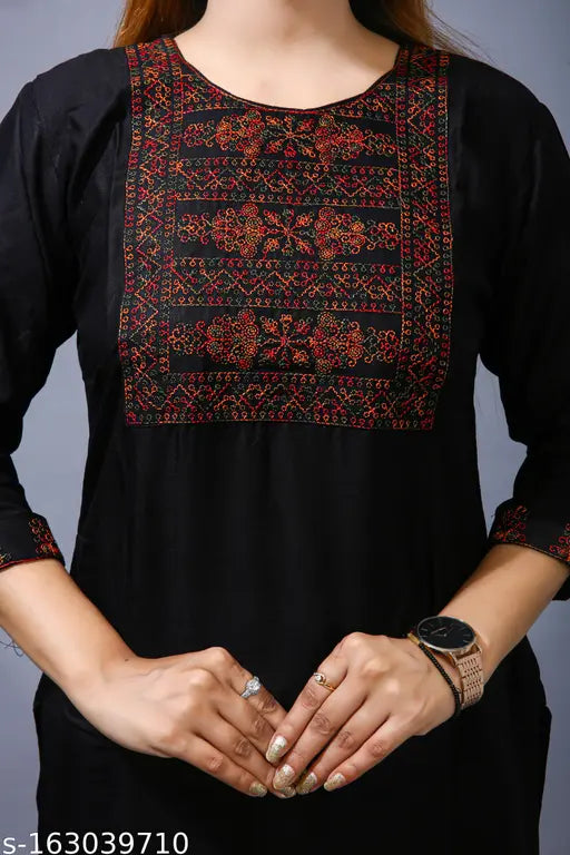 Black Rayon embroidered straight kurti with three-quarter sleeves, solid combo design. (M: Bust 38", Lengeh 42"; L: Bust 40", Length 42"; XL: Bust 42", Length 42"; India)