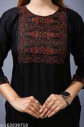 Black Rayon embroidered straight kurti with three-quarter sleeves, solid combo design. (M: Bust 38", Lengeh 42"; L: Bust 40", Length 42"; XL: Bust 42", Length 42"; India)