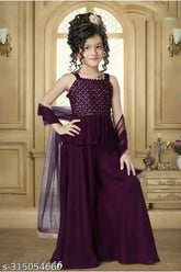 Soft silk anarkali kurta sharara with dupatta for kids, self-design sleeveless top and dhoti pants, available in sizes 2-14 years