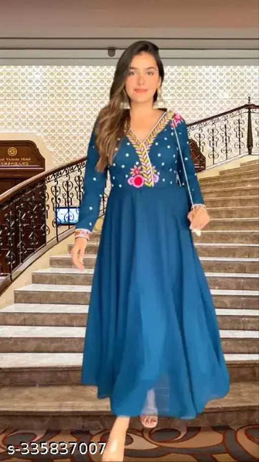 Georgette embroidered dress, solid-colored with long sleeves, complete lining and embroidery work on Indian-made flare skirt (3.5 mtrs height, 54"+ inch size M-XXXL)