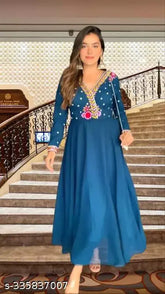 Georgette embroidered dress, solid-colored with long sleeves, complete lining and embroidery work on Indian-made flare skirt (3.5 mtrs height, 54"+ inch size M-XXXL)