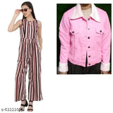 Crepe embellished net striped jumpsuit and fur jacket combo - L, XL winter outfit from India