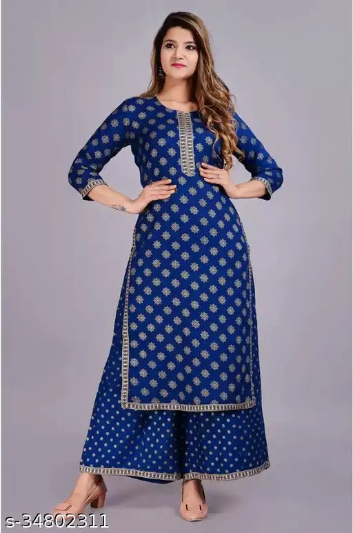 Demirner Blue Gold Print Rayon Kurta-Palazzo Ethnic set, three-quarter sleeves, rayon fabric, Indian ethnic wear