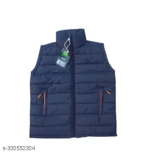 Navy blue polyester sleeveless jacket for kids, solid design for boys and girls on clothing rack