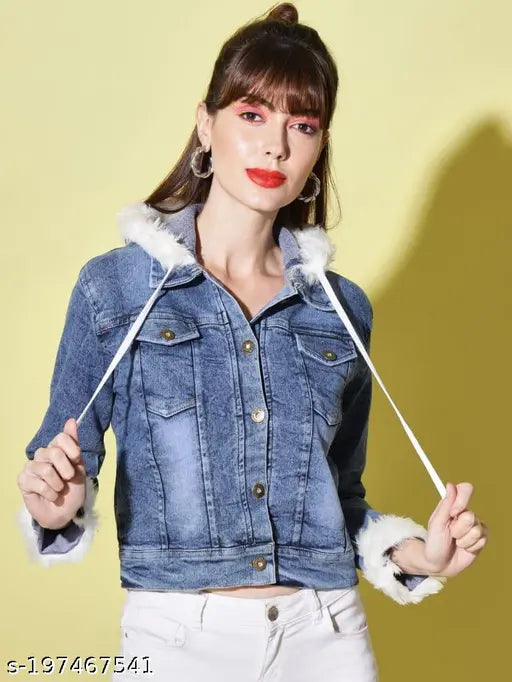 Denim waistcoat for women, stylish and graceful long-sleeved jacket, solid pattern, size S (Bust 34in, Length 19in, Waist 28in, Shoulder 13in), made in India