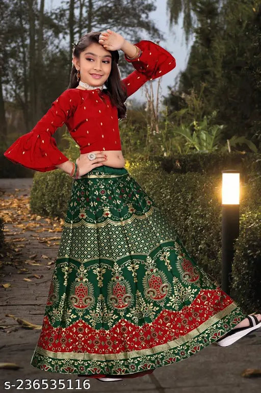 Bamboo-blend kids' lehenga set (KIDS NAFIZA LENGHA 02), features long sleeves, zari woven pattern, stitched net, and jacquard dupatta. Indian self-design ethnic wear for 7-8 years old girls