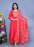 Rayon solid printed anarkali kurti and duppata, three-quarter sleeves, vibrant Indian print on display