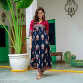 Gold polka print Rayon Anarkali kurti for women's ethnic wear, three-quarter sleeves, trendy and stylish