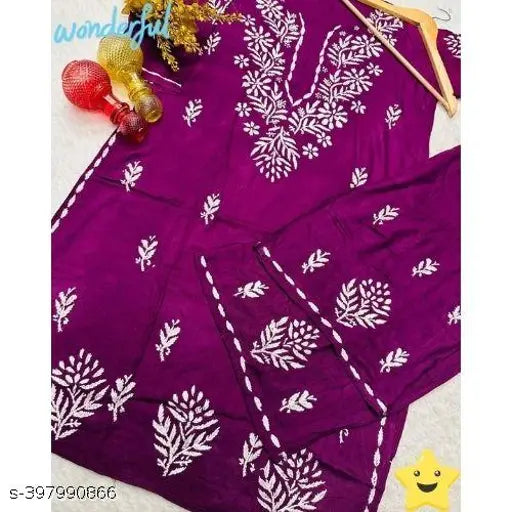 Rayon embroidered chikankari gala daman kurti and plazo set, three-quarter sleeves, Indian handcrafted fashion