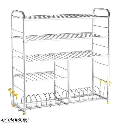 Stainless steel kitchen organizer with 5 shelves, ideal for dish rack and cutlery stand. Dimensions: 30L x 31H inches (Lower Plate)