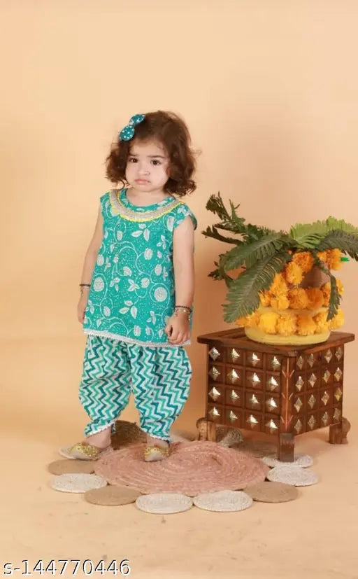 Cotton printed sleeveless kurti with dhoti pants and dupatta, A-line shape for kids aged 18 months to 8 years. Indian traditional wear
